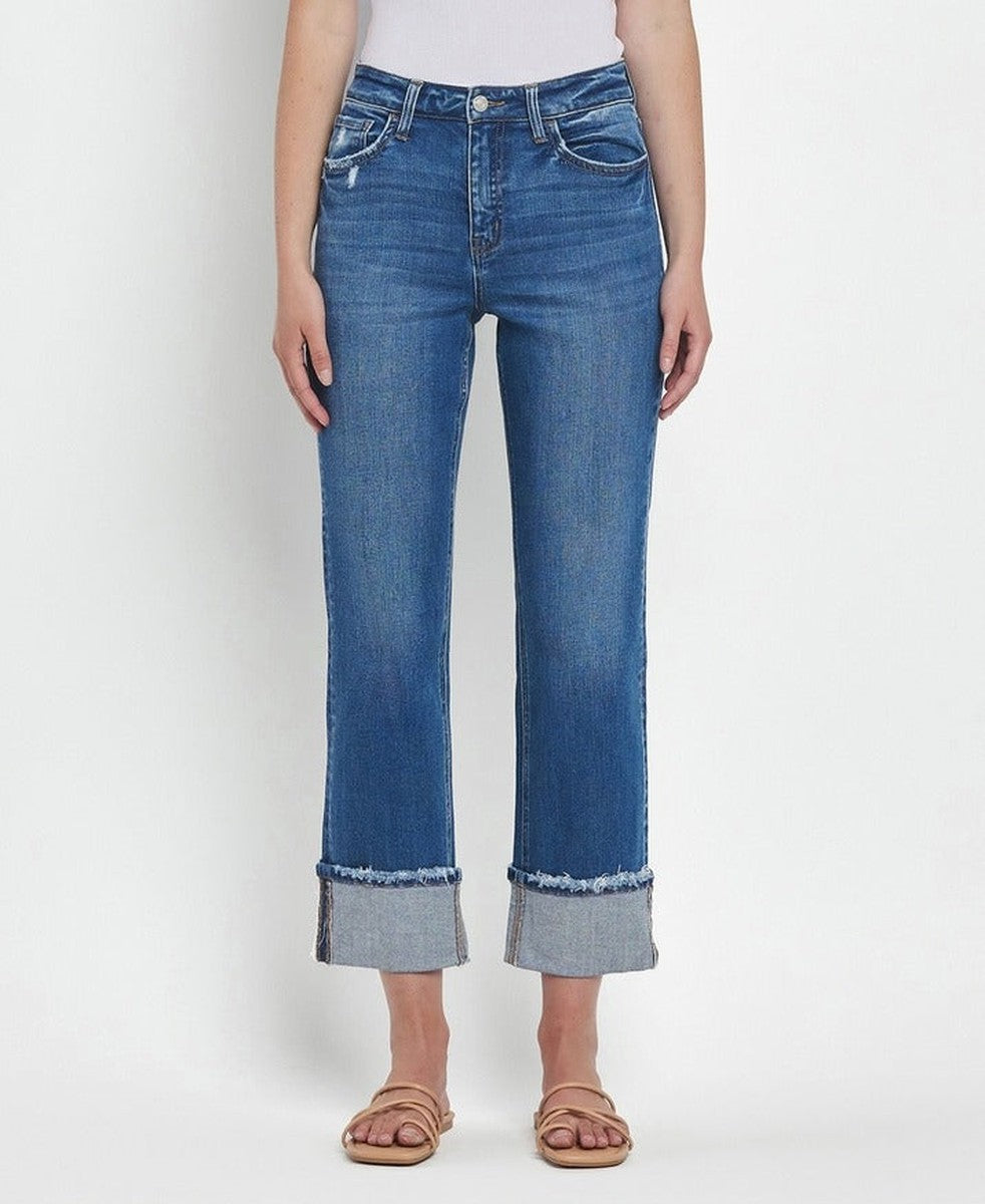 VERVET by Flying Monkey - High Rise Cuffed Straight Jeans in Daphne