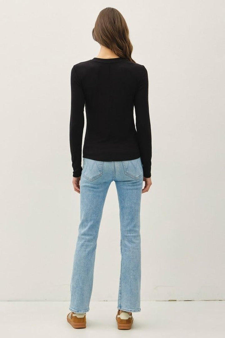 Be Cool - Modal Classic Ribbed Longsleeve Henley Basic Top in Black