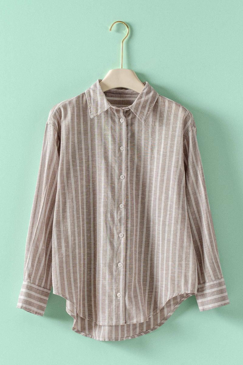 Urban Daizy - Striped Linen Blend Button Up Shirt in Natural