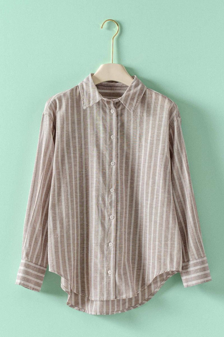 Urban Daizy - Striped Linen Blend Button Up Shirt in Natural