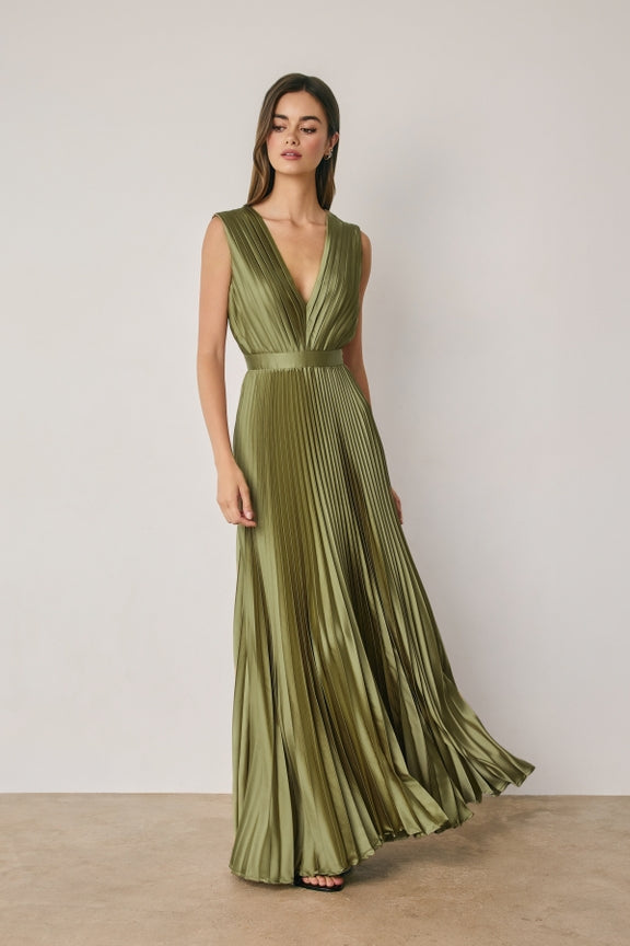Dress Forum - Pleated Satin V-Neck Maxi Dress