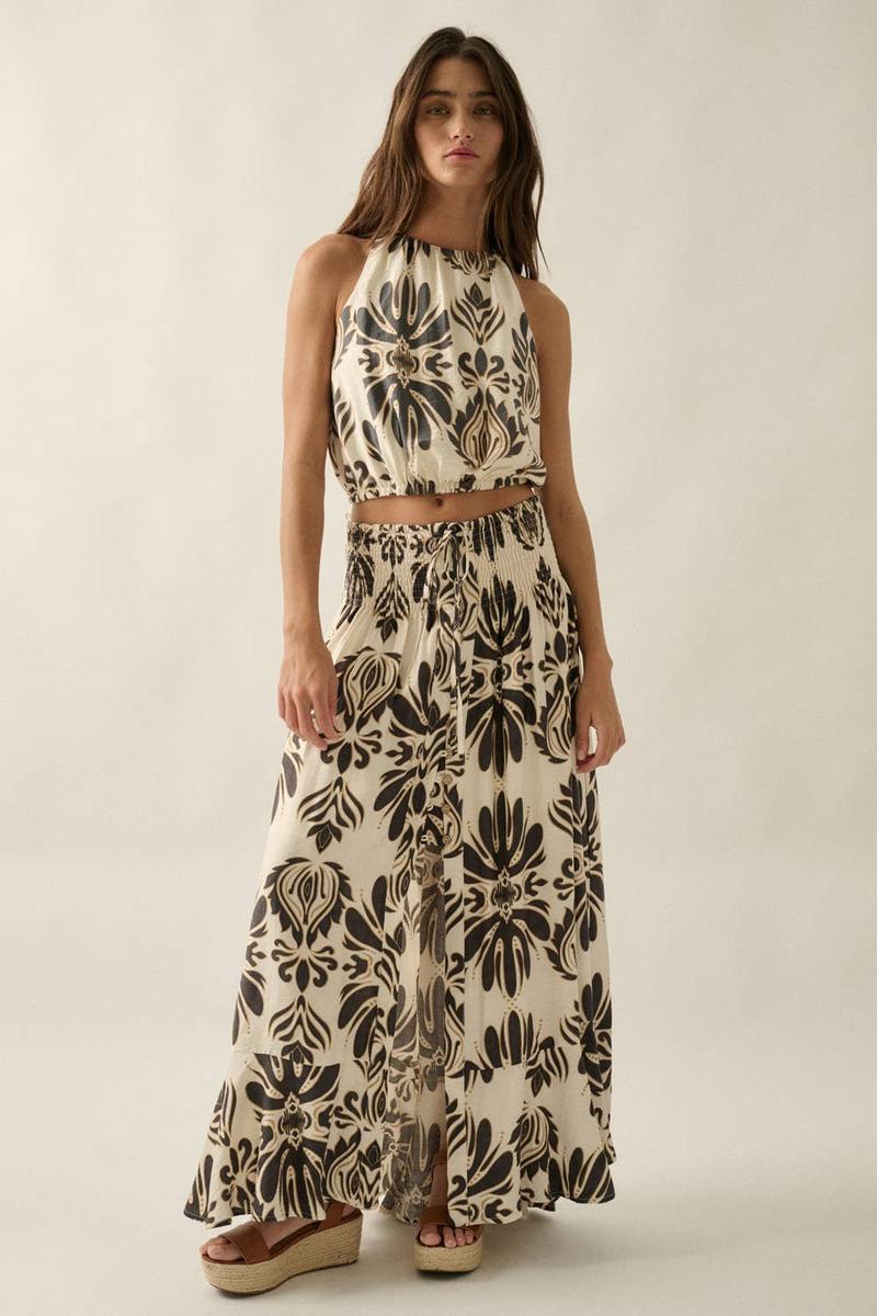 Promesa USA - Ornate Floral-Print Button-Front Drawstring Maxi Skirt