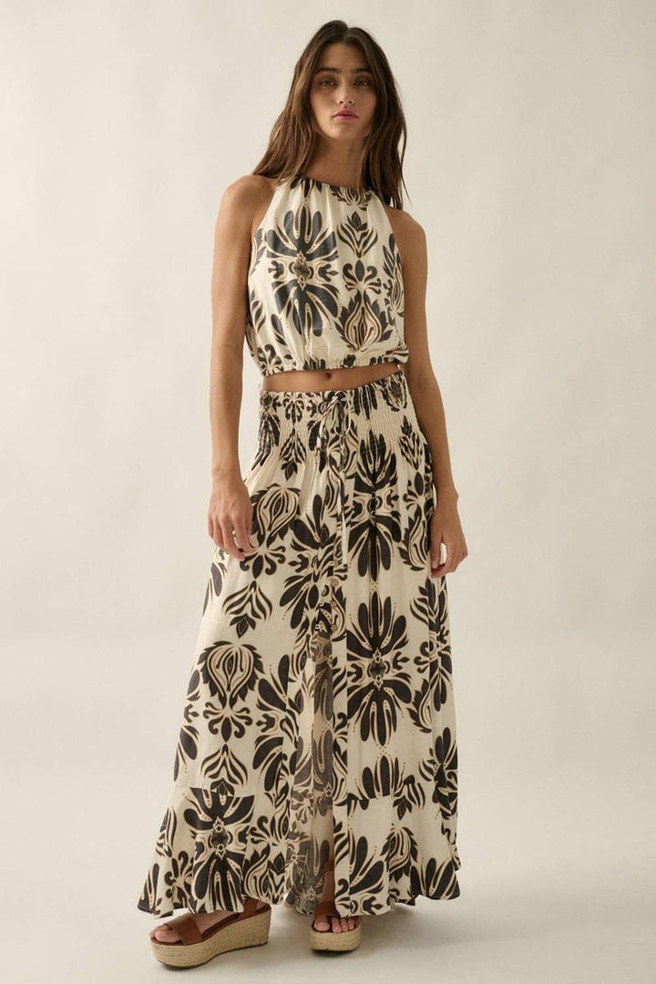 Promesa USA - Ornate Floral-Print Button-Front Drawstring Maxi Skirt