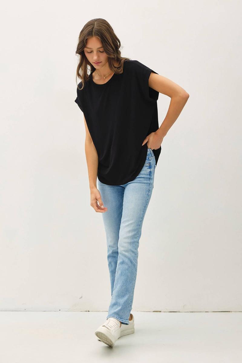 Be Cool - Bamboo/Modal Round Neck Dolman Cap Sleeve Shirt in Black