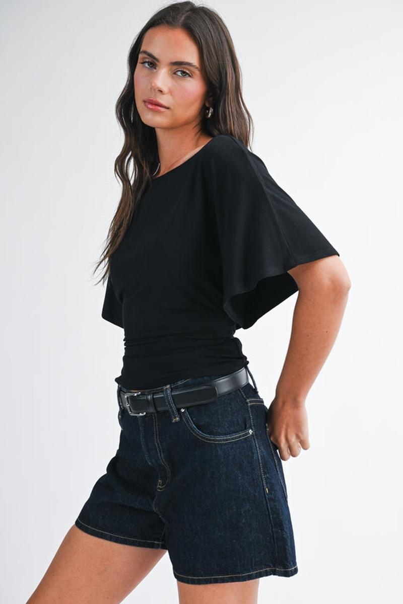AEMI + CO - Draped Short Sleeve Back Tie Top