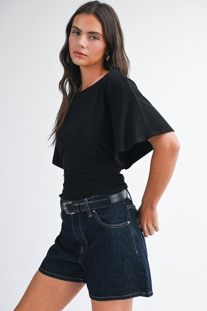 AEMI + CO - Draped Short Sleeve Back Tie Top