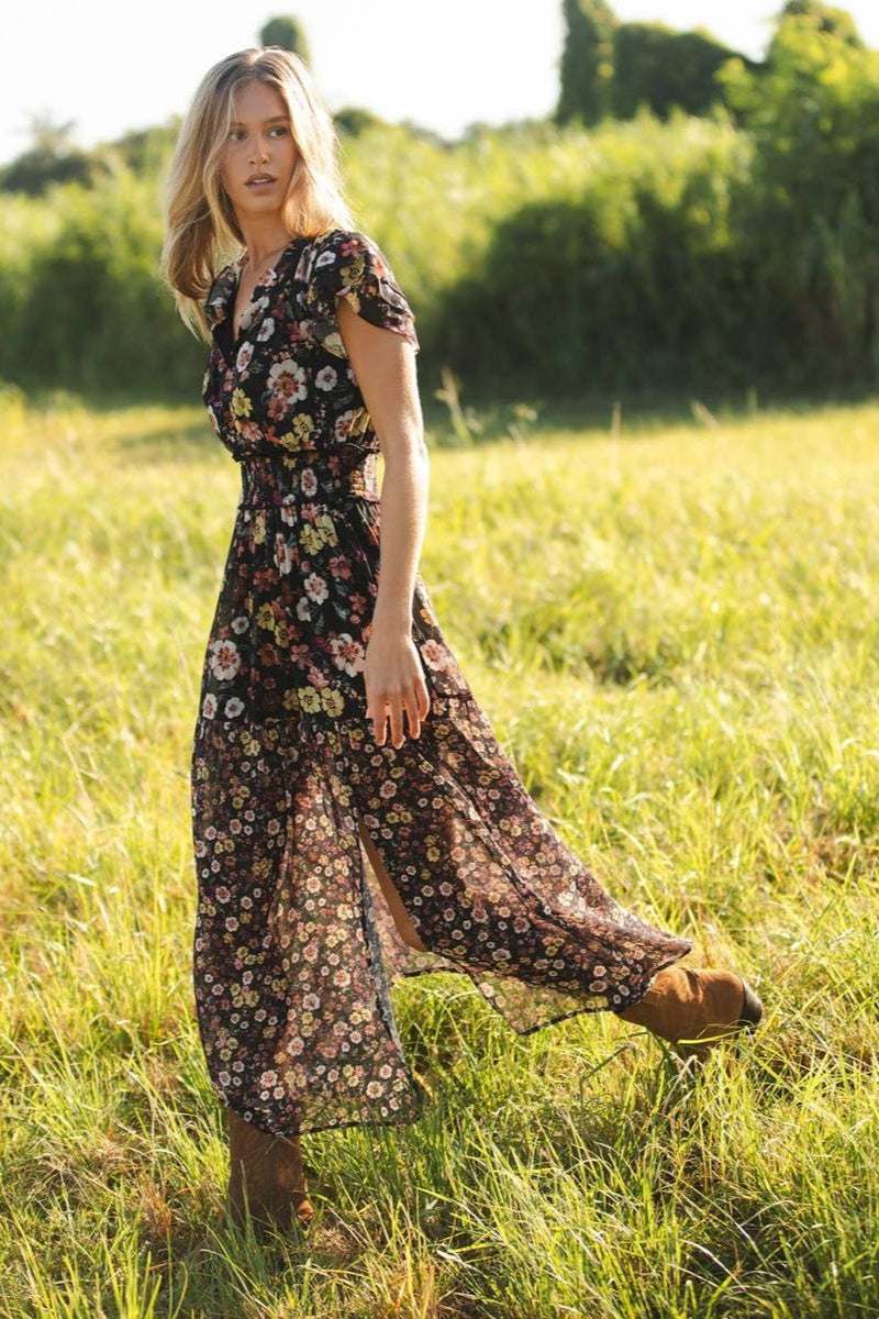 Lovestitch - Ruffle Sleeve Smocked Waist Maxi Dress in Black Combo