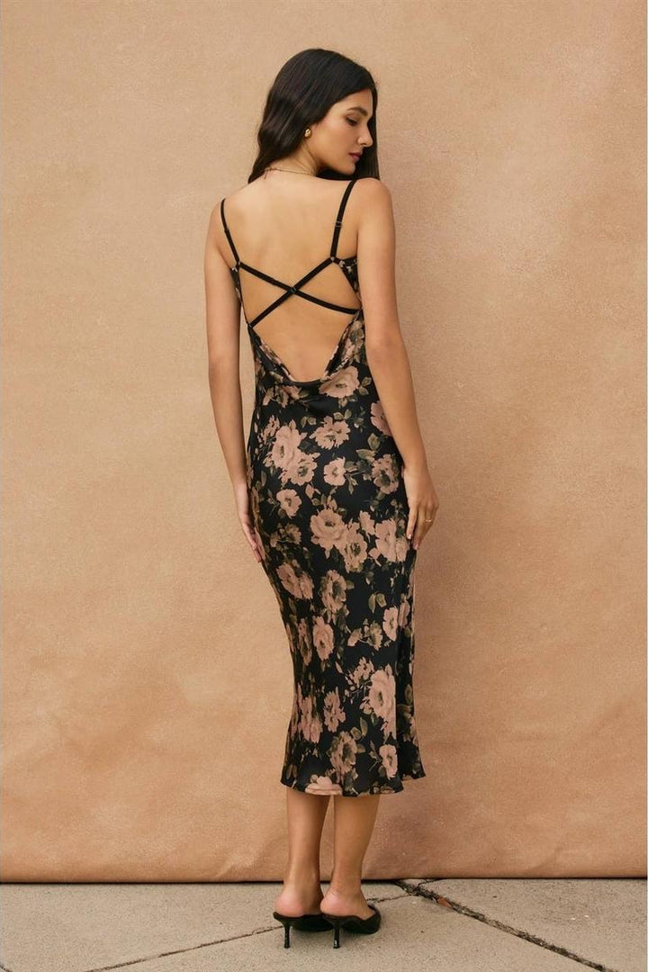 Dress Forum - Ashen Rose Cowl Neck X Back Midi Dress in Midnight Garden