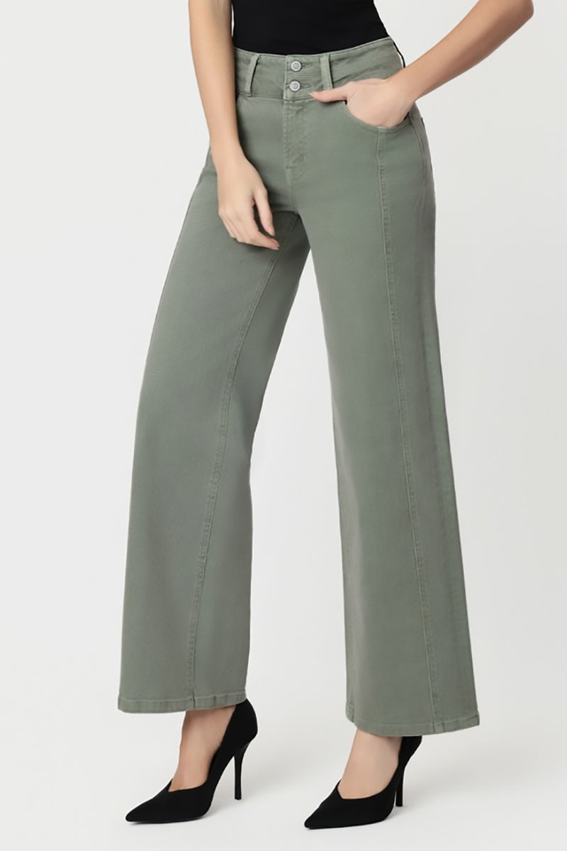 FLYING MONKEY - Super High Rise Double Waistband 2 Buttons Wide Leg Pants in Sage Green