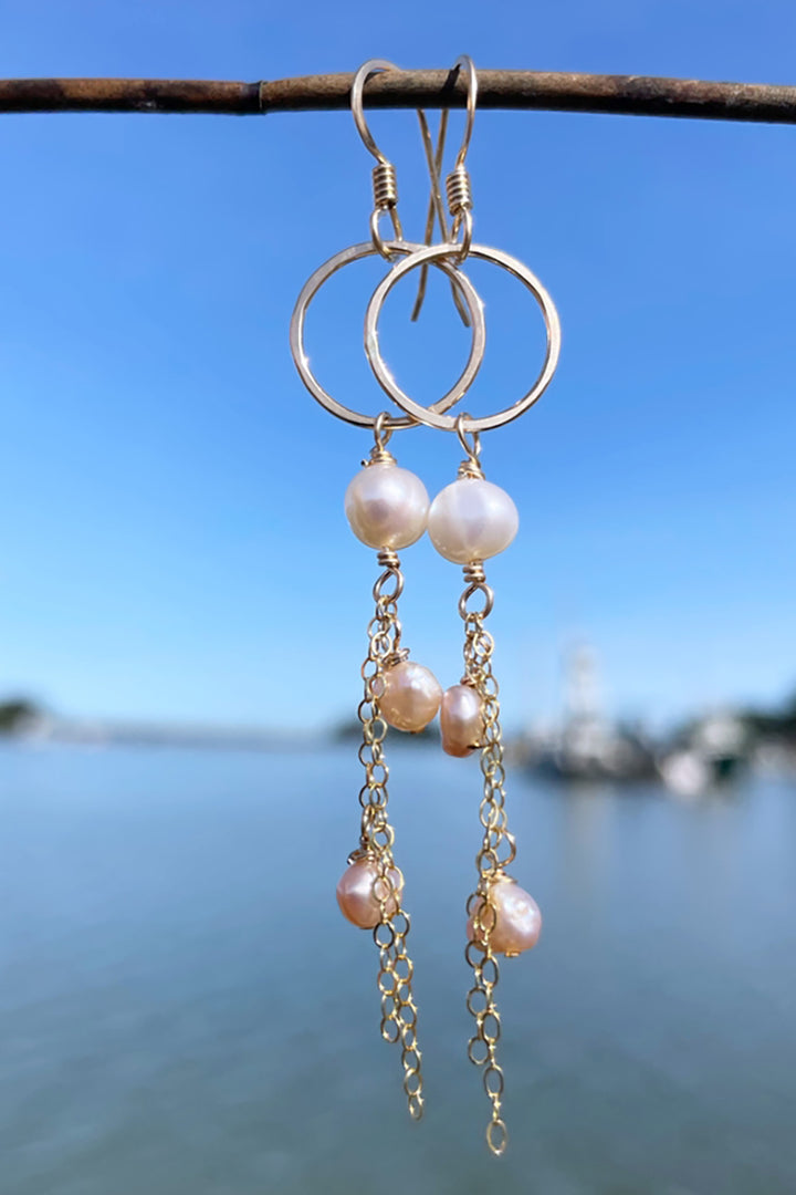 Quinn Sharp - Small Circle Hoop Pearl Chain Dangles in Gold