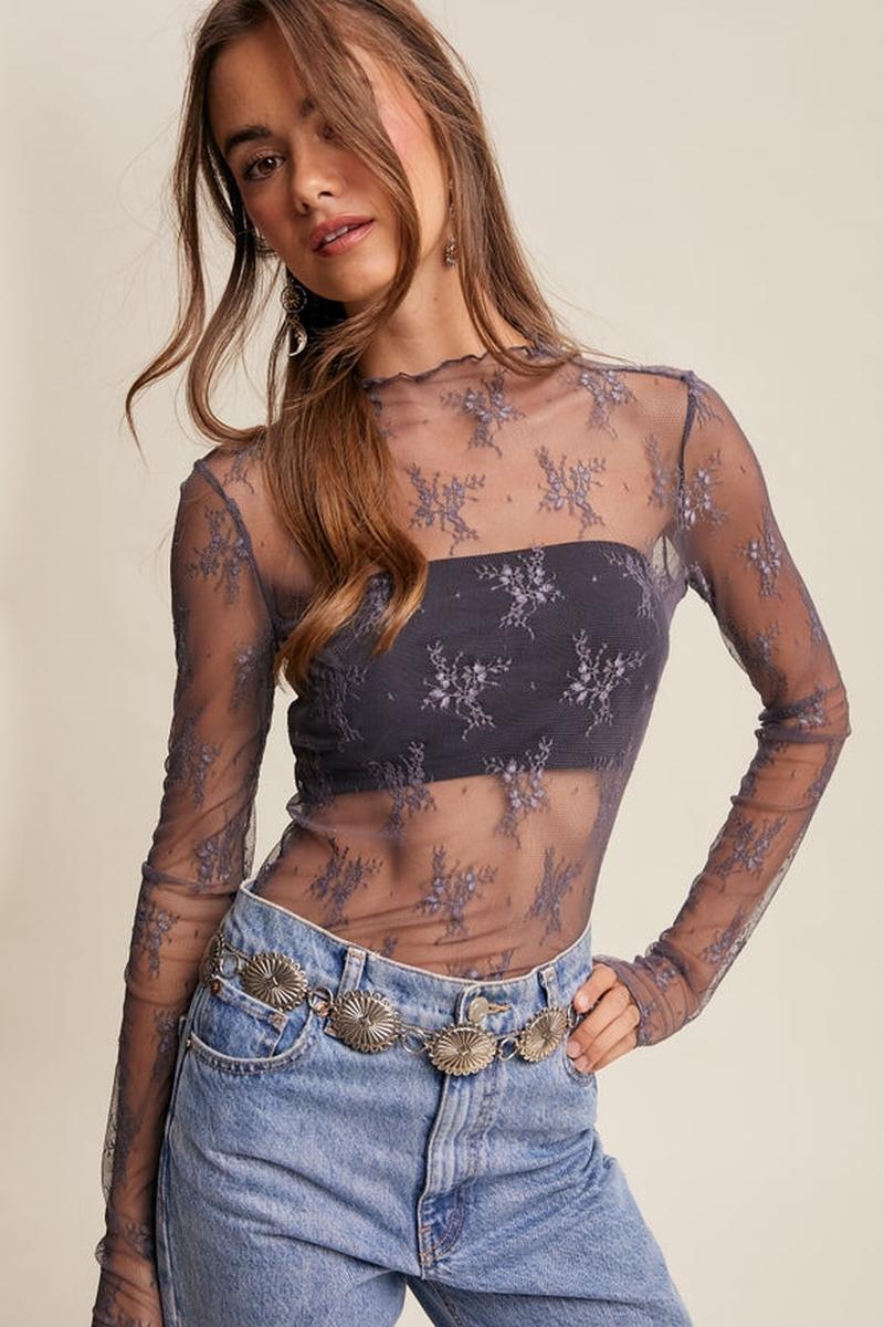 Listicle - Sheer Lace Long-Sleeve Top