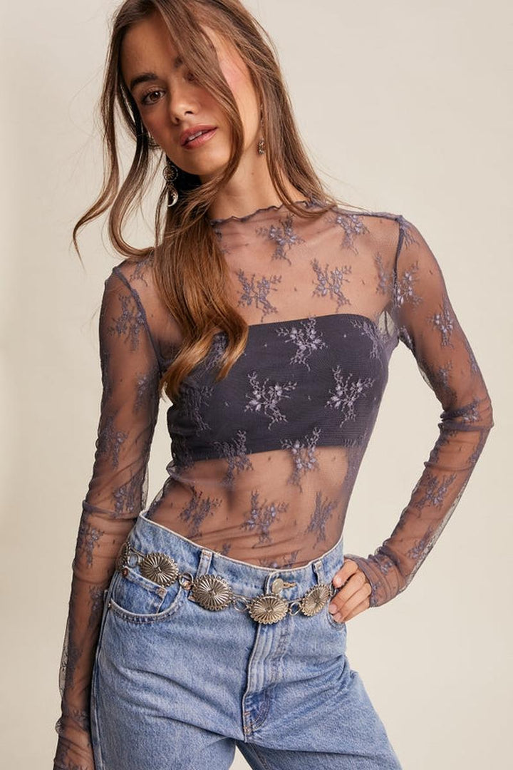 Listicle - Sheer Lace Long-Sleeve Top