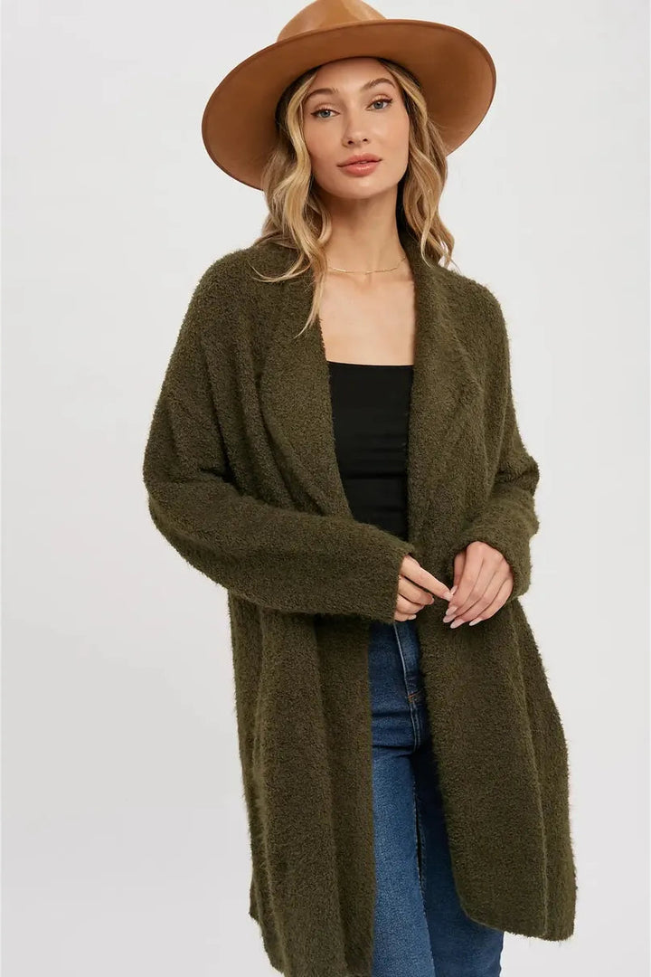 Bluivy - Soft Fuzzy Drape Front Cardigan in Olive