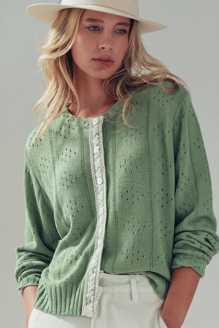 Urban Daizy - Pointelle Knit Cardigan Lace Trim Button Down in Green