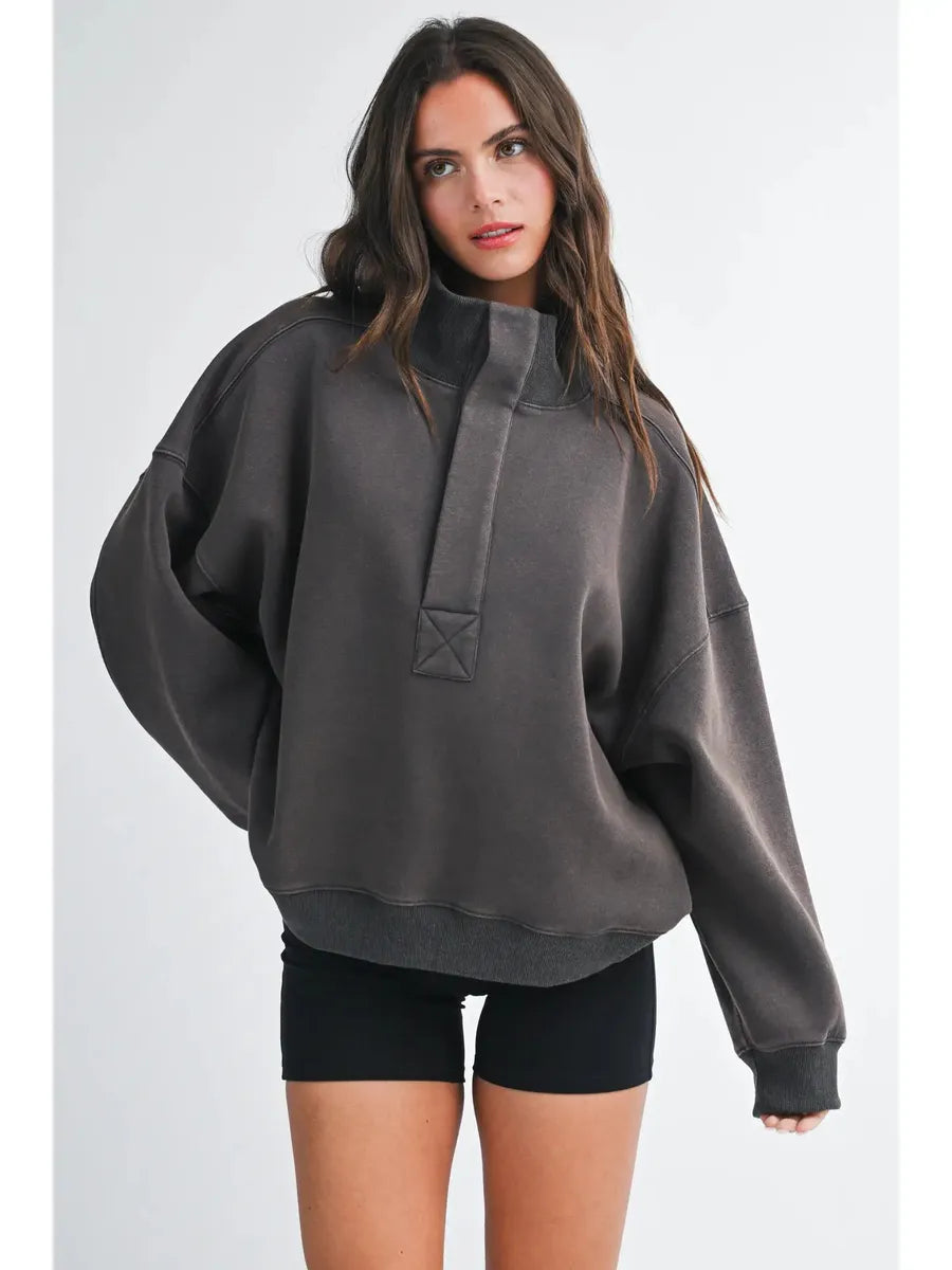 AEMI + CO - Oversized Snap Neck Pullover Sweatshirt in Granite