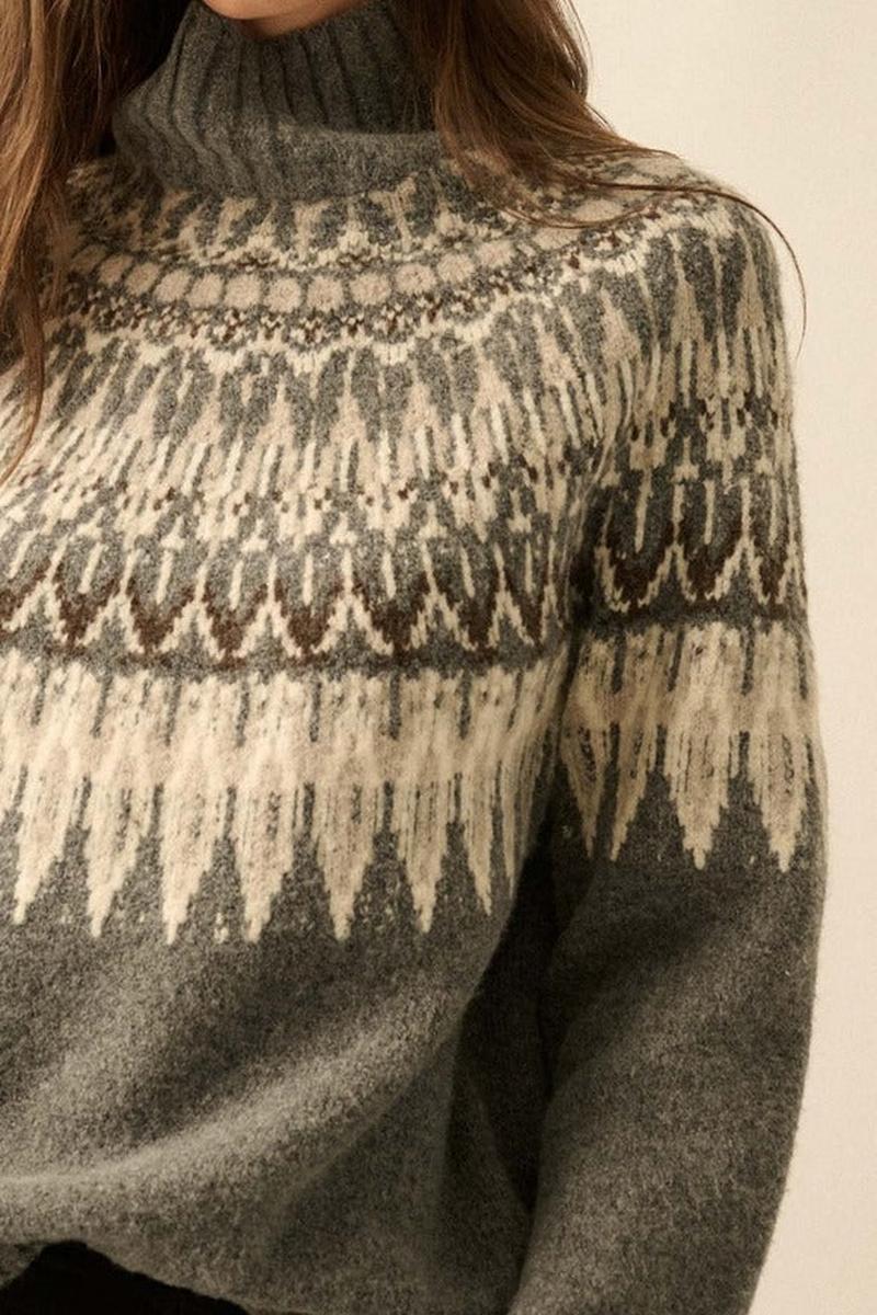 Promesa USA - Fair Isle Knit Mock-Neck Sweater in Charcoal