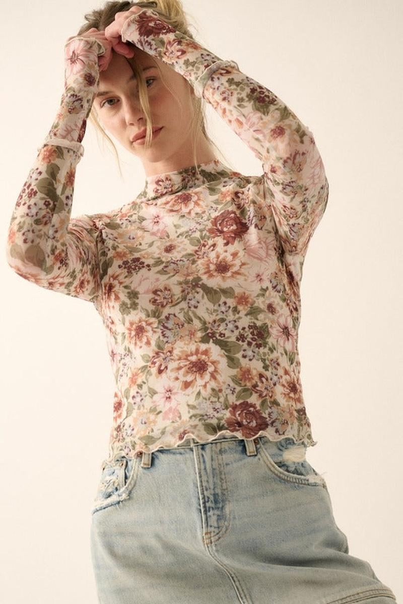 Promesa USA - Floral Mesh Lettuce-Edge Thumbhole High-Neck Top in Cream