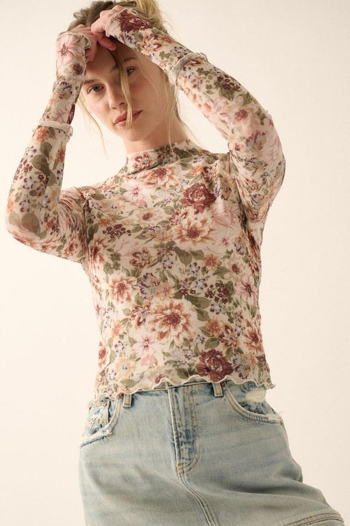 Promesa USA - Floral Mesh Lettuce-Edge Thumbhole High-Neck Top in Cream