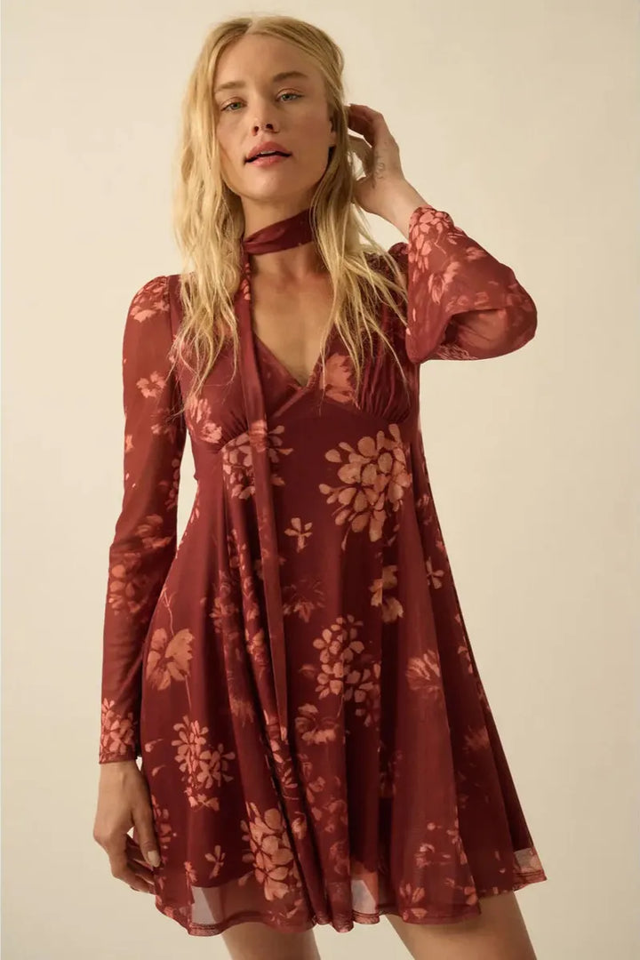 Promesa USA - Floral Mesh Bell-Sleeve Mini Dress with Scarf in Cinnamon
