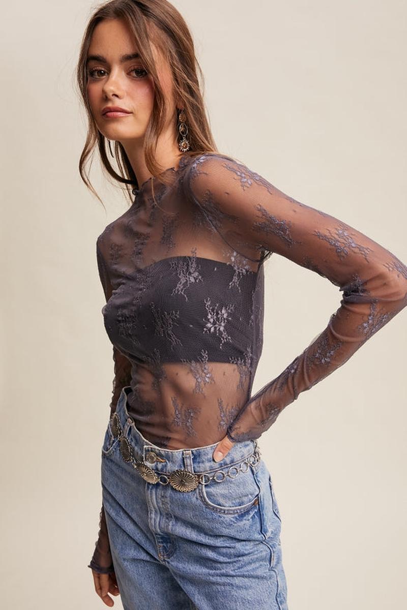 Listicle - Sheer Lace Long-Sleeve Top