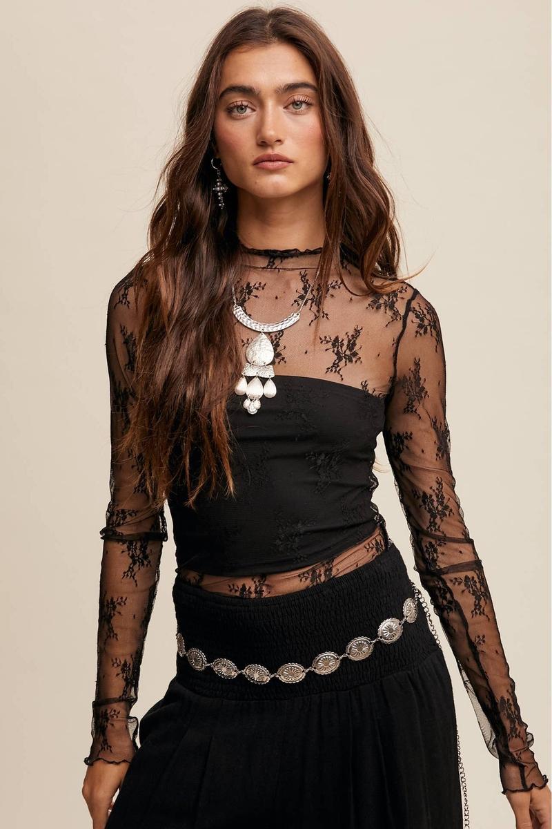 Listicle - Sheer Lace Long-Sleeve Top in Black