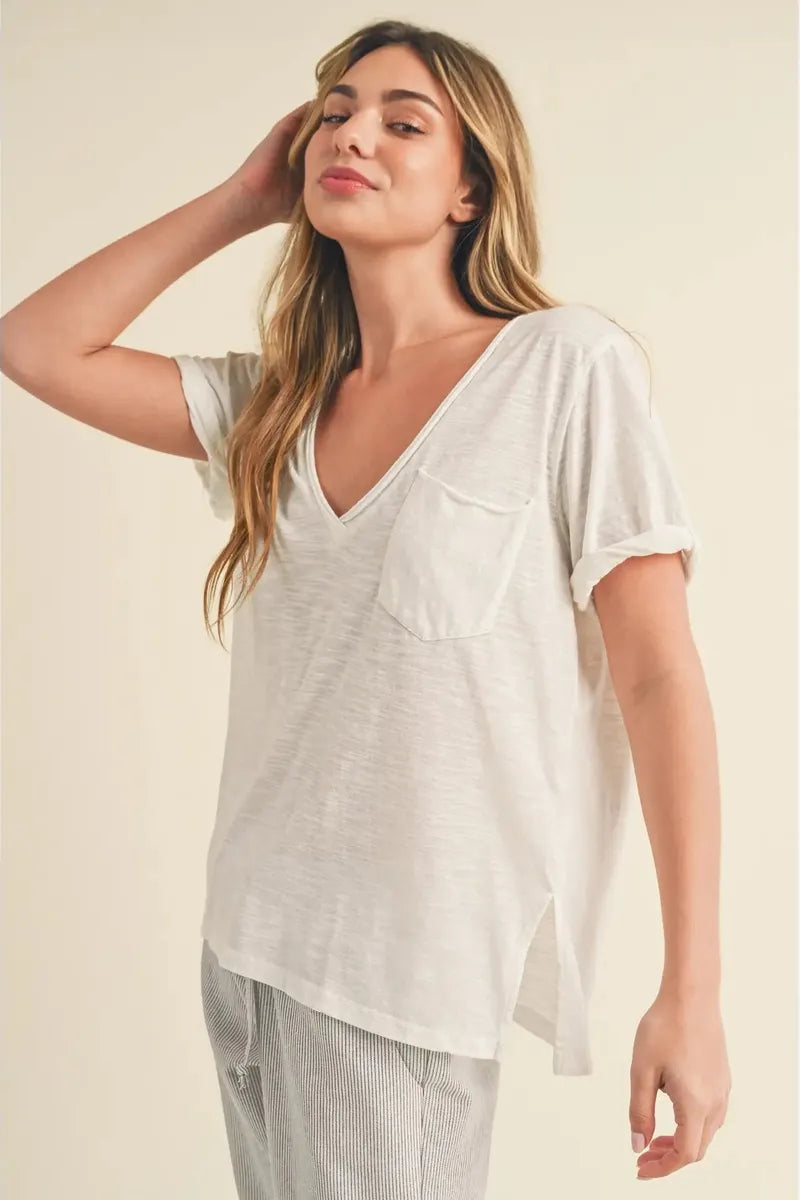 AEMI+CO - Zoie V-Neck Short Sleeve Tee in White Contemporary