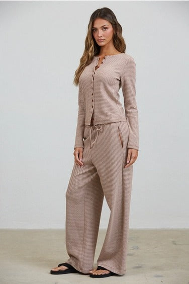 Creamon - Brown Lounge Striped Button Down Top & Pants Set