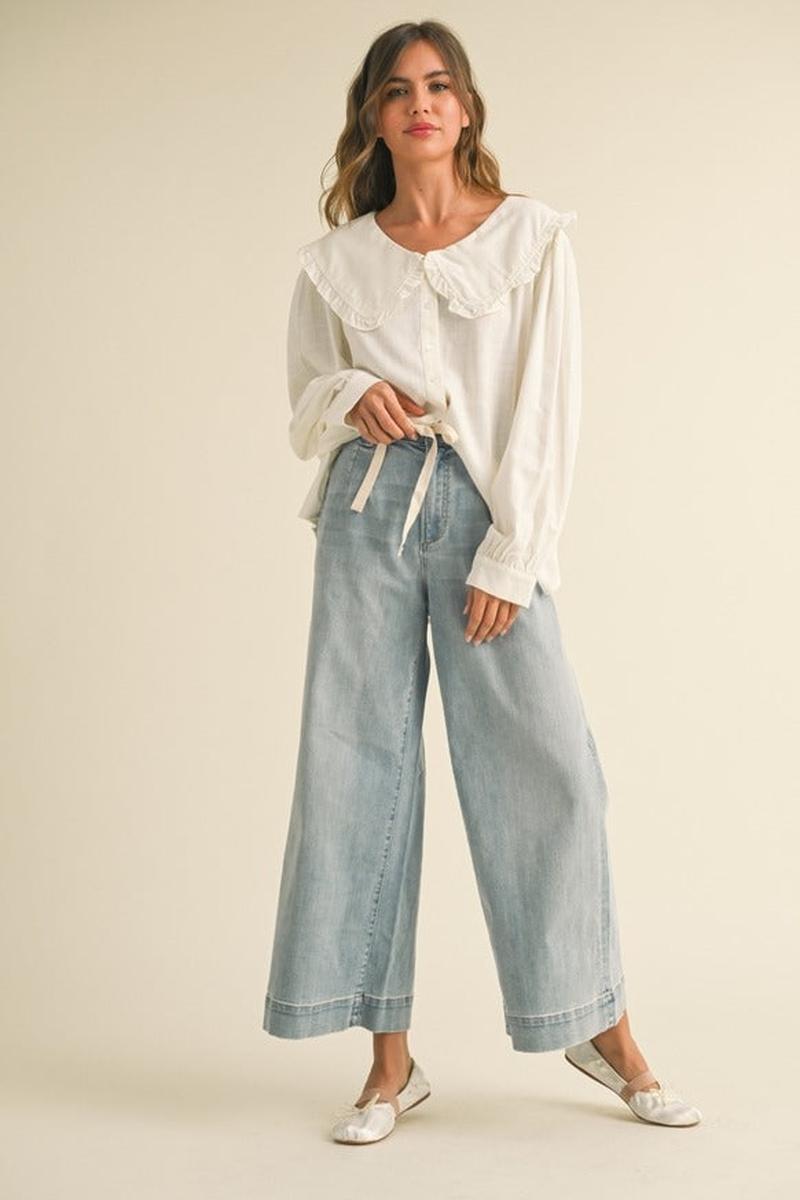 MIOU MUSE - Washed Denim with Tie Front Pants in Denim