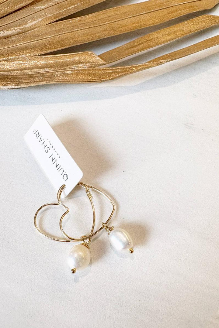 Quinn Sharp - Gold Filled Heart Hoops Freshwater Pearl Drop Earrings in 14k Gold Fill