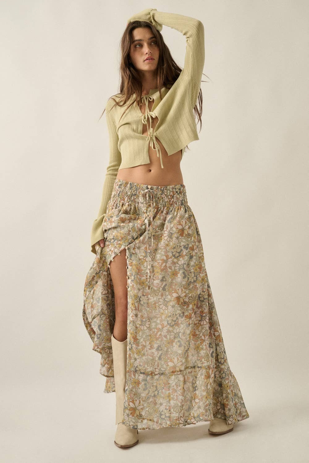 Promesa USA - Floral Chiffon Smocked Drop-Waist Half-Button Maxi Skirt