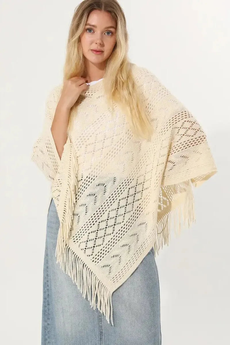 Leto Accessories - Women Hollow Knit Triangle Tassel Poncho Shawl