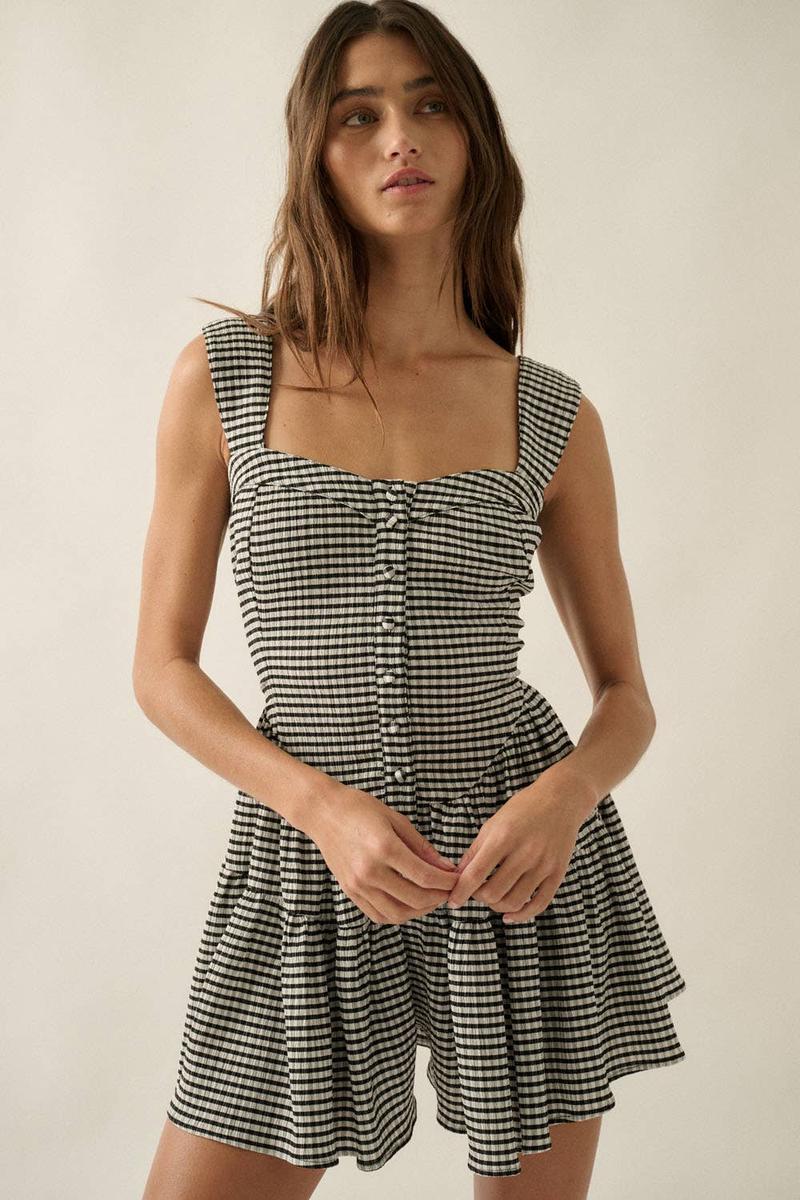 Promesa USA - Gingham Sleeveless Fit-and-Flare Tiered Ruffle Romper in Brown