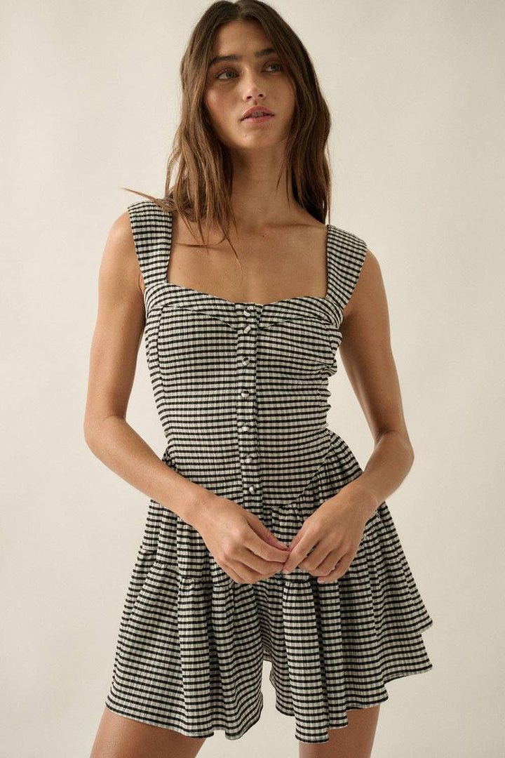 Promesa USA - Gingham Sleeveless Fit-and-Flare Tiered Ruffle Romper in Brown