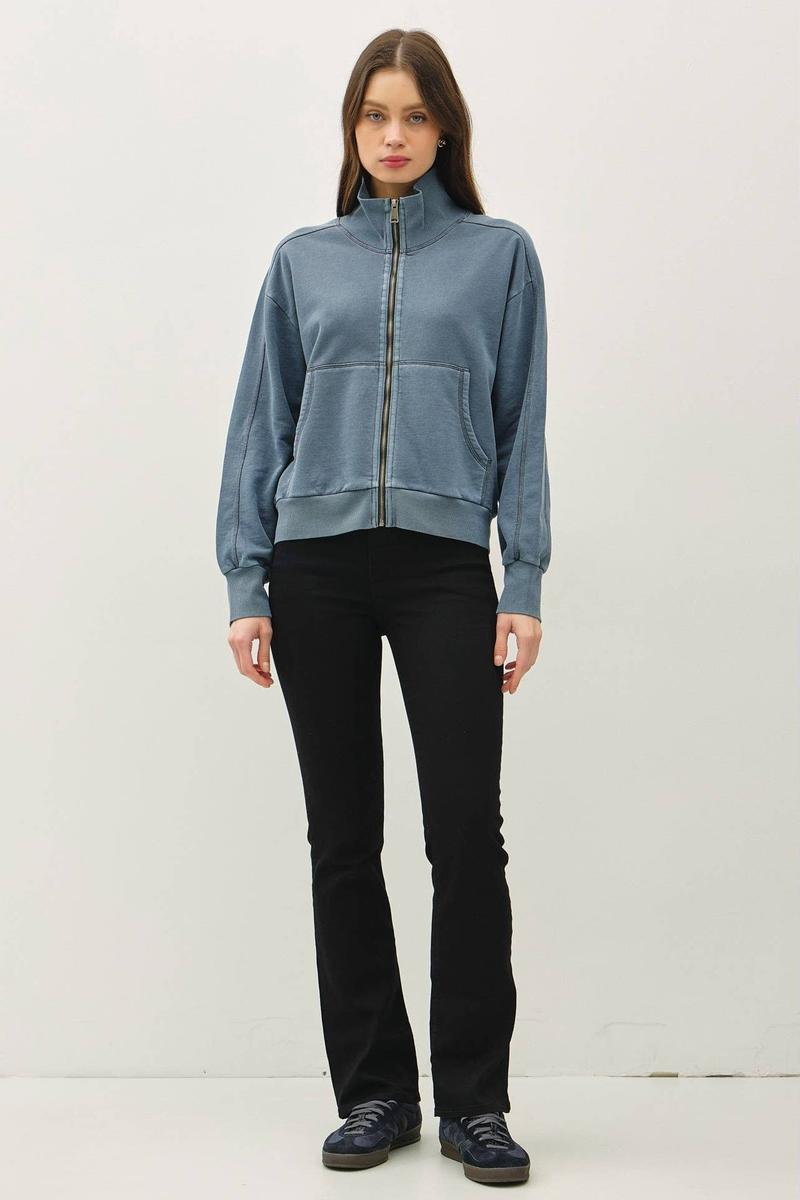 Be Cool. - Acid Wash High Collar Zip Up Sweatshirt in Teal