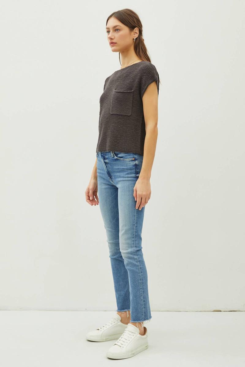 Be Cool - Patch Pocket Dolman Cap Sleeve Boxy Knit in Dark Charcoal