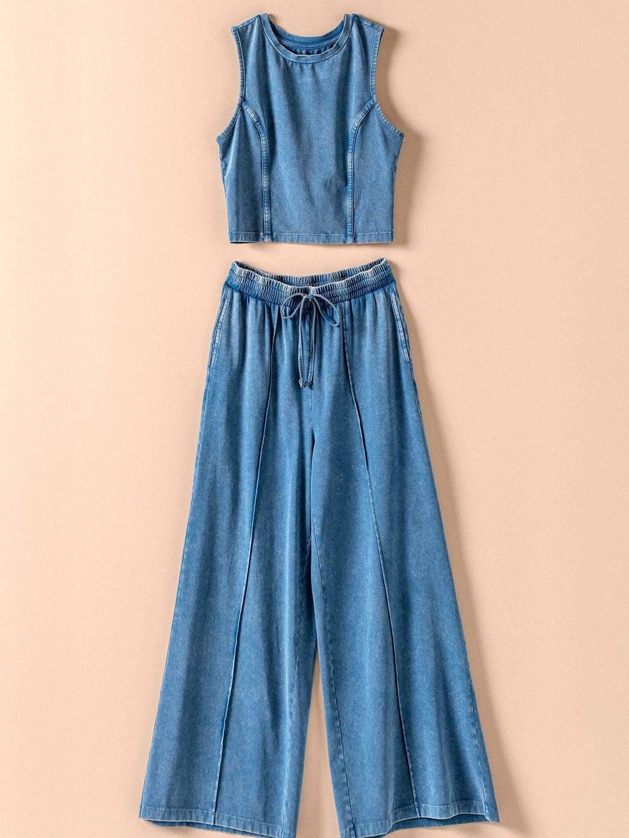 Urban Daizy - Mineral Wash Cotton Crop Tank & Wide Leg Pant Set in Navy