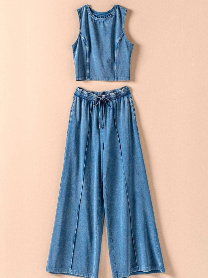Urban Daizy - Mineral Wash Cotton Crop Tank & Wide Leg Pant Set in Navy