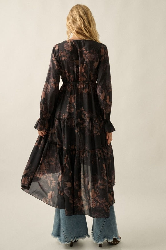Promesa USA - Floral Chiffon Ruffled Trumpet-Sleeve High-Low Midi Dress