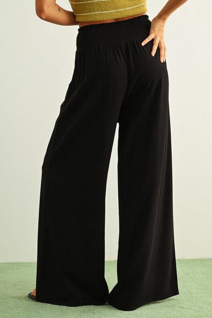 MIOU MUSE - Cotton Linen Smocked Waist Pants with Tassel in Black