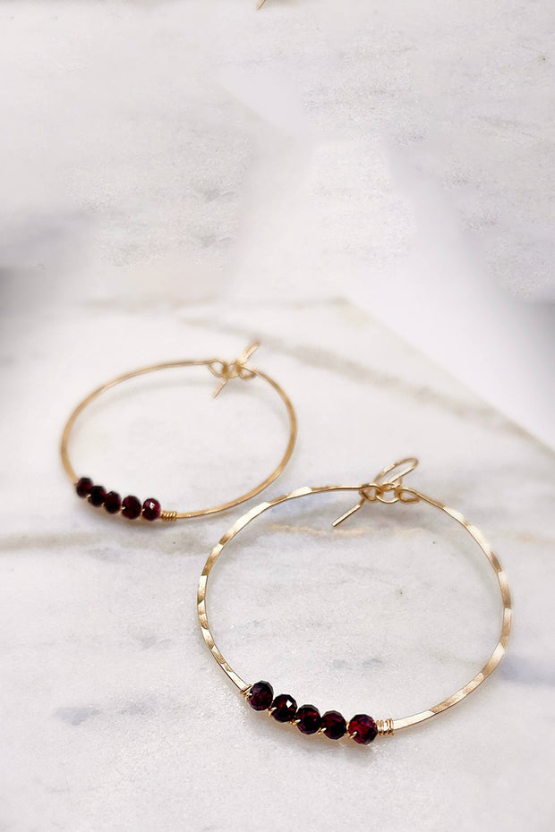 Blue Sky Feathers - Red Garnet Hoops in Gold