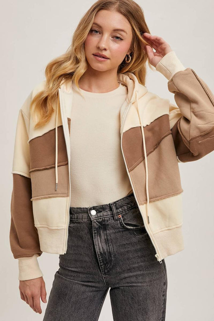 Bluivy - Zipper Front Patchwork Landscape Hoodie in Mocha Combo