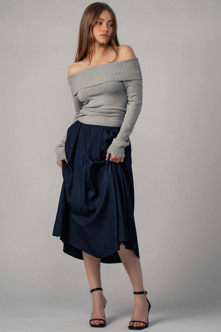 Urban Daizy - Ribbed Off-Shoulder Long Sleeve Sweater in Heather Grey