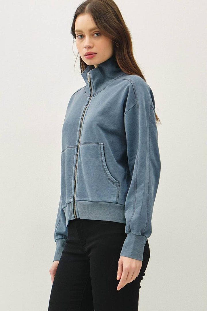 Be Cool. - Acid Wash High Collar Zip Up Sweatshirt in Teal