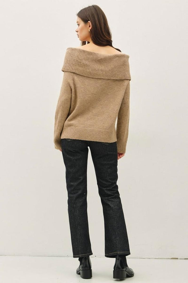Be Cool - Roll Over Off the Shoulder Wool Blend Sweater in Taupe