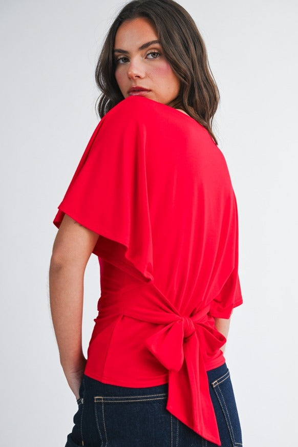 AEMI + CO - Draped Short Sleeve Back Tie Top
