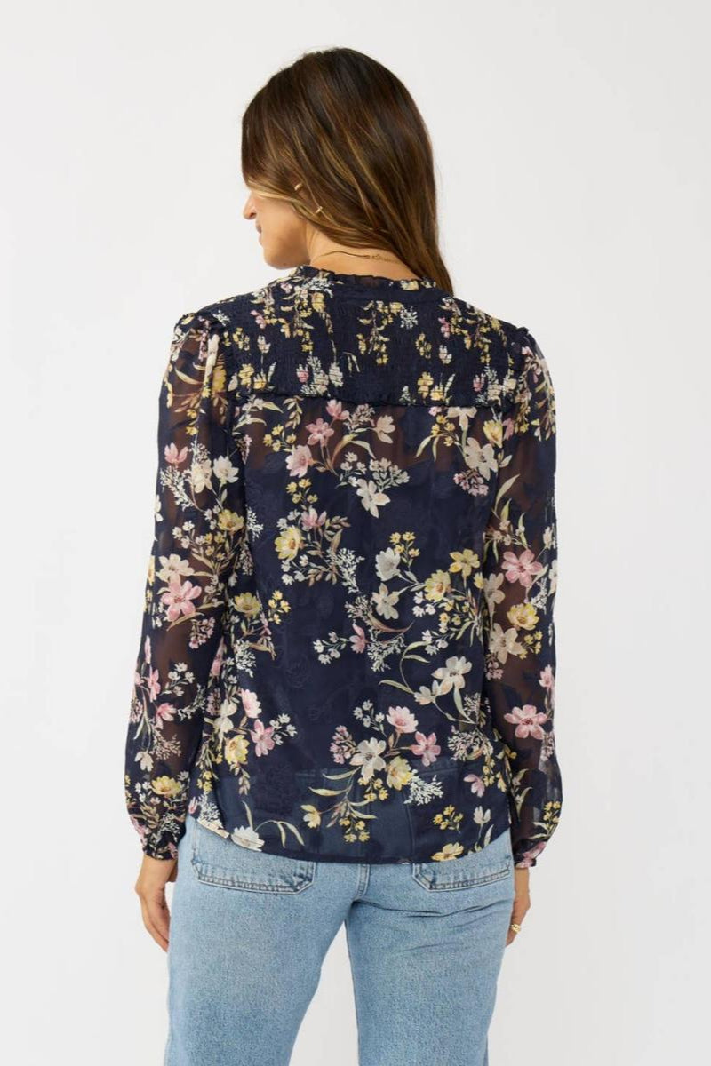 Lovestitch - Smocked Yoke Ruffle Blouse Navy Combo