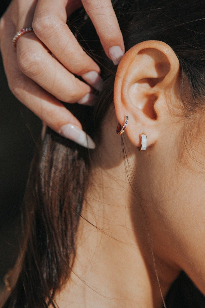 Native Gem - Shay Huggies with White Opal in 14k Gold Vermeil