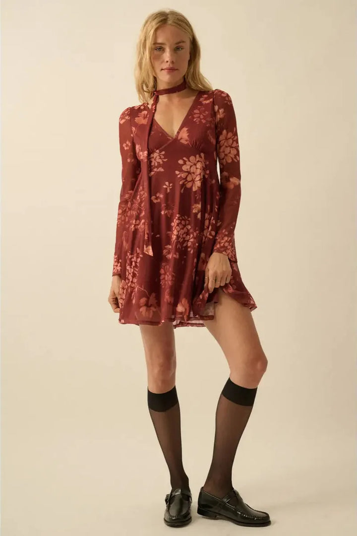 Promesa USA - Floral Mesh Bell-Sleeve Mini Dress with Scarf in Cinnamon