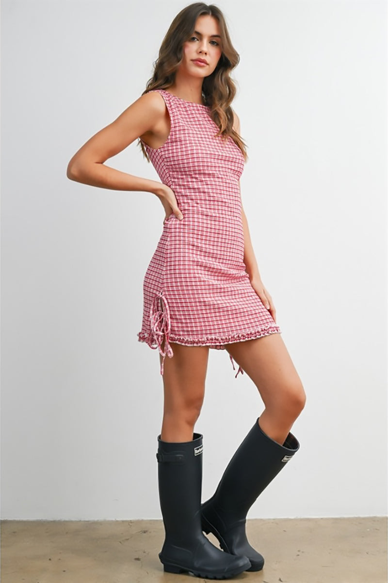 BUTTERMELON - Lattice Drawstring Check Mini Dress