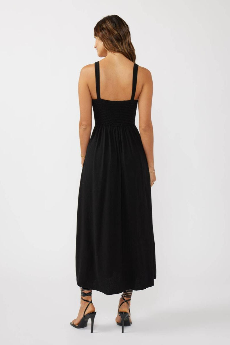 Lovestitch - V-Neck Ruched Button Down Maxi Dress in Black